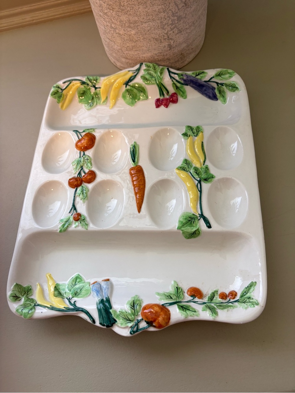 Ceramic Vegetable-Themed Egg & Appetizer Platter - White